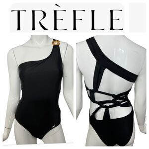Trefle Designer One Shoulder Strappy Back‎ One Piece Black Swimsuit - 4
